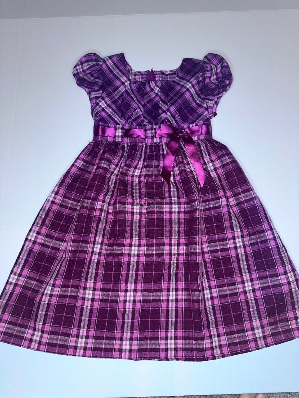 BONNIE JEAN SIZE 6X Pink & Burgundy PLAID soft dress ribbon PUFF SLEEVE DRESS